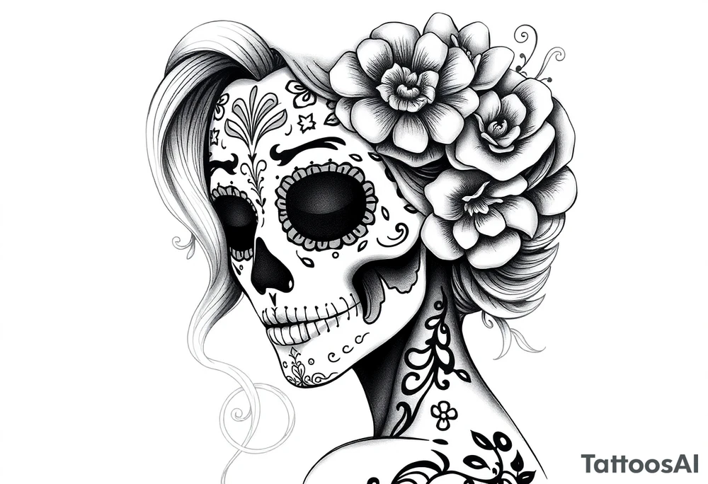 Beautiful woman sugar skull dark background tattoo idea