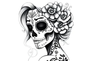 Beautiful woman sugar skull dark background tattoo idea