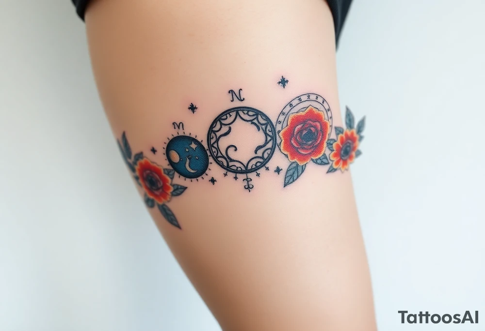 Milky way galaxy .. planets with zodiac symbols and protection runes with red roses and sunflowers tattoo idea