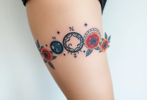 Milky way galaxy .. planets with zodiac symbols and protection runes with red roses and sunflowers tattoo idea