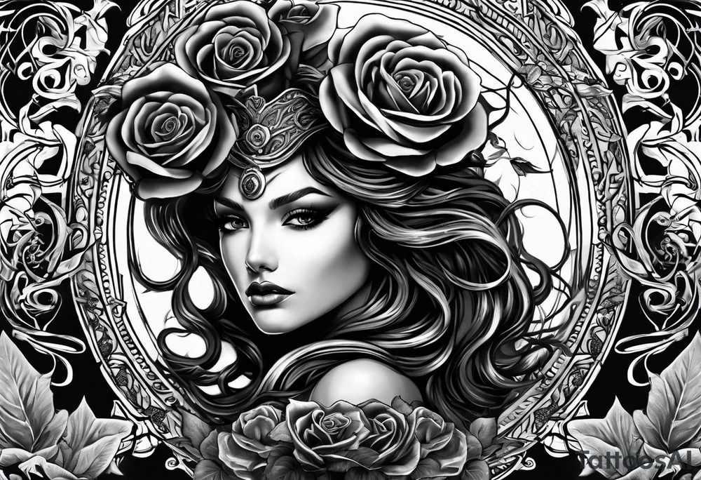 Medusa black roses, her story, just her head, rare, unique Mystic, mythical snakes, scales black shadow tattoo idea