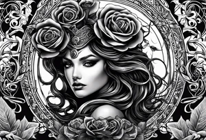 Medusa black roses, her story, just her head, rare, unique Mystic, mythical snakes, scales black shadow tattoo idea