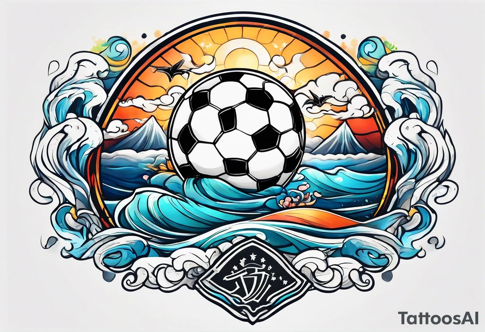 playing soccer and ocean combination tattoo idea