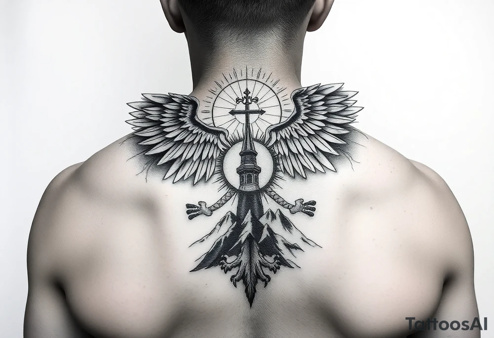 russian coat of arms with the eagles wings spanning out on my back neck across my shoulders / traps with a orthodox christian church being visible in a mountainous sun beaming setting, with the russian orthodox cross spire of the orthodox church being visible on my neck with a sun beaming in the background that the cross sits inside tattoo idea