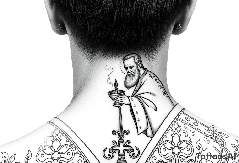 A Russian Orthodox Priest in full gold vestments swinging a censer with smoke curling upward 

The ornate robes give incredible fine line detail
The incense smoke could flow and connect to other elements
It ties directly into the church and Virgin Mary you already have
Very culturally authentic to the overall theme tattoo idea