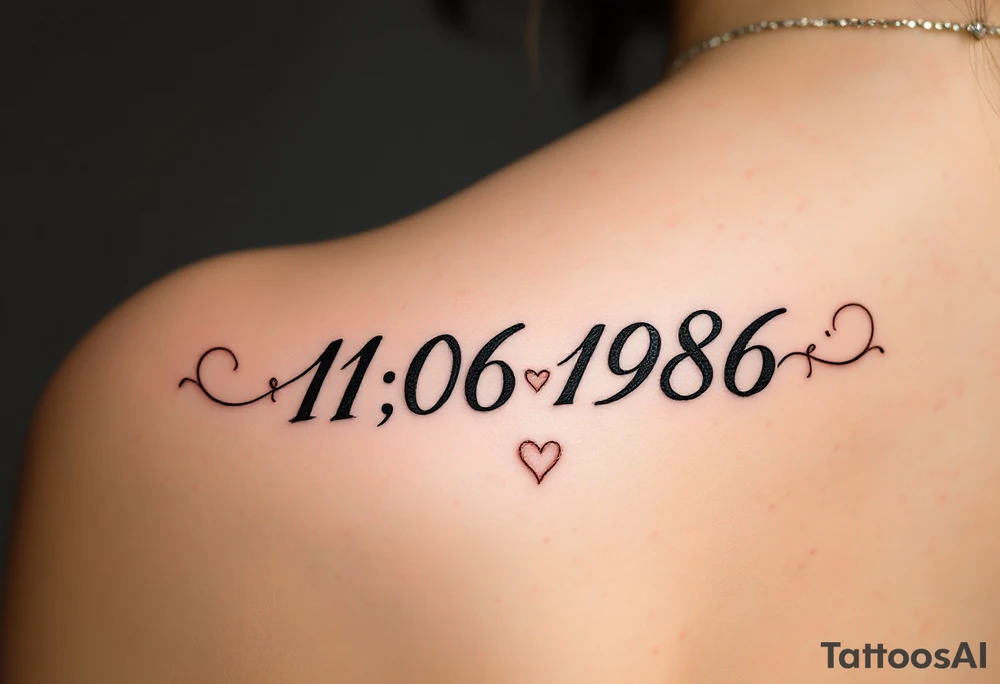Feminine 11.06.1986 in cursive rose gold ink with a subtle heart between the day and month. tattoo idea