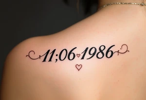 Feminine 11.06.1986 in cursive rose gold ink with a subtle heart between the day and month. tattoo idea