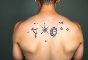 Back piece artistic water color constellations for family members: Scorpio (x2) Taurus, Aries (x2), leo. Star only tattoo idea