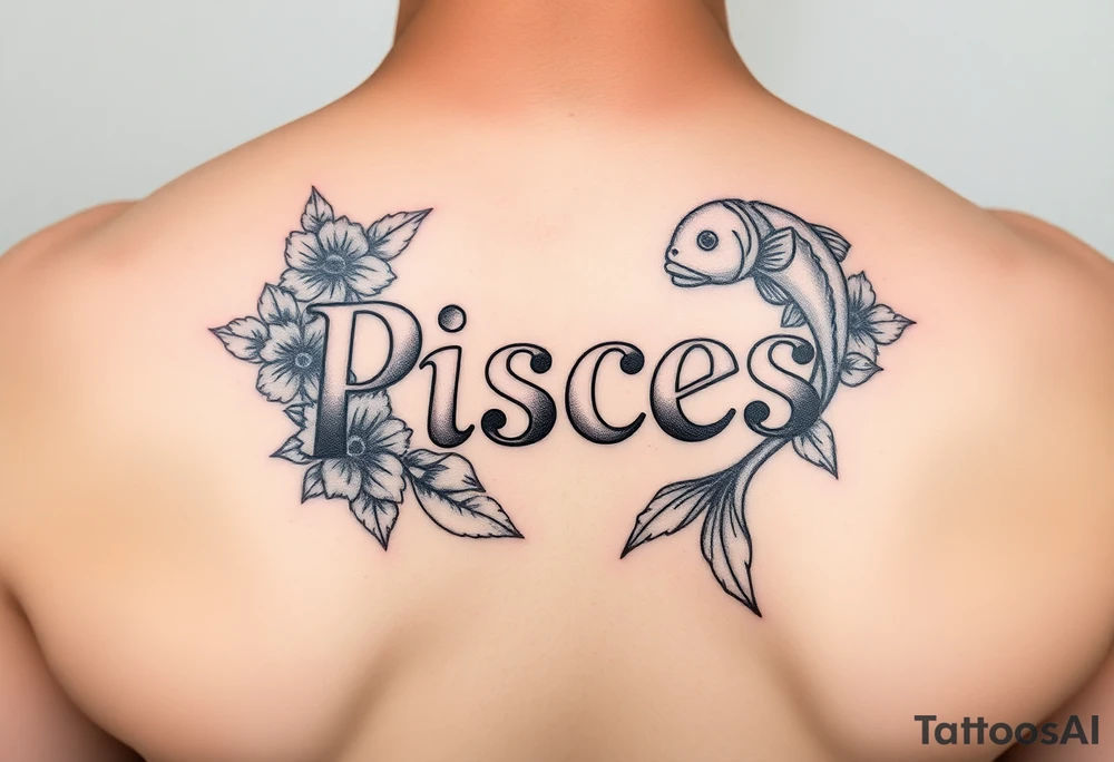 From the word “Pisces” around the word female characteristics of the zodiac sign floral and fishes tattoo idea