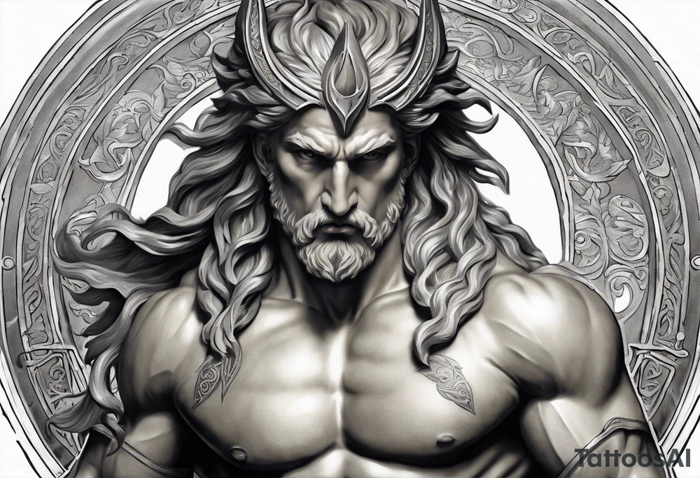 Realistic Tattoo: A lifelike portrayal of a Greek mythological figure, depicted with classic or heroic attributes and detailed in a majestic, powerful stance. The character is surrounded by subtle elements related to their symbolism (like lightning, an owl, or a trident), creating a connection to their mythological story. The figure is detailed and lifelike, embodying qualities such as strength, wisdom, or courage. Style: Realism tattoo idea