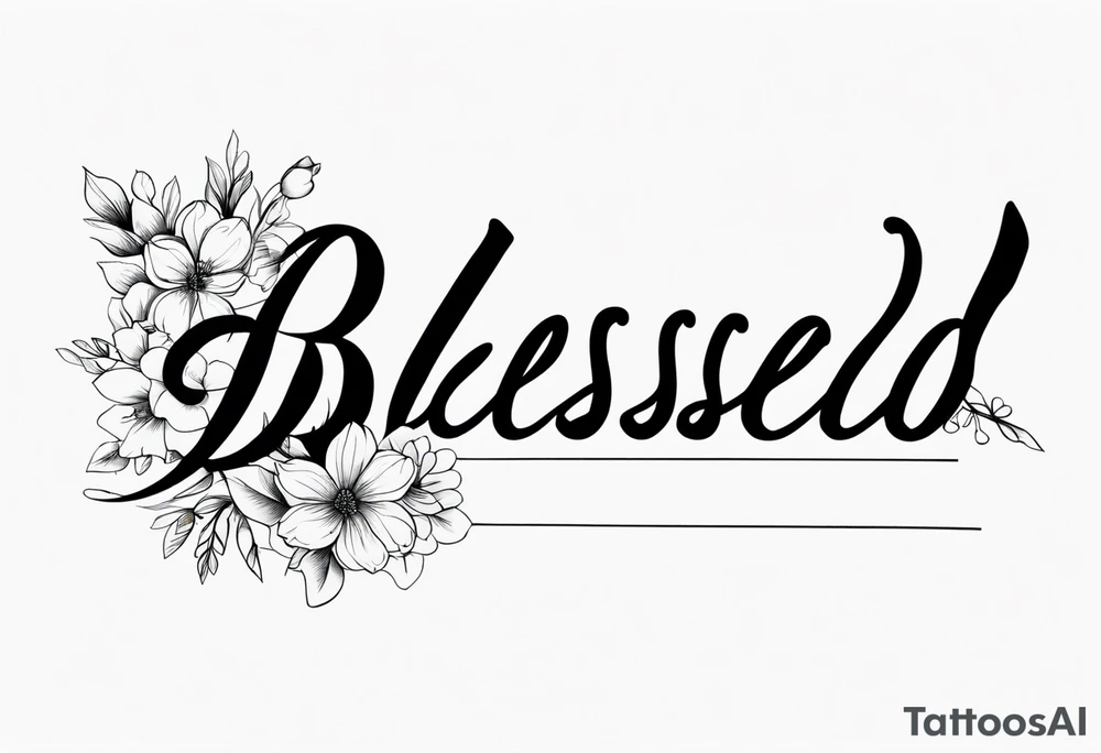 fine line tattoo that says “blessed” in cursive with a bouquet of flowers coming out the end of the word tattoo idea