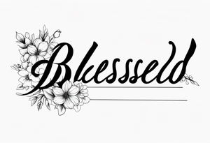 fine line tattoo that says “blessed” in cursive with a bouquet of flowers coming out the end of the word tattoo idea