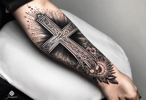 Forearm tattoo cross with rays of sun, 08/21/2024 in with Jeremiah 29:11 tattoo idea