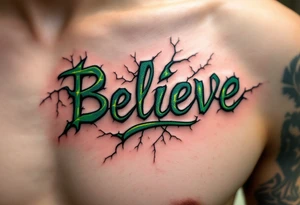 "Believe" in green, surrounded by crackling energy lines, symbolizing growth and breaking free from doubts. tattoo idea