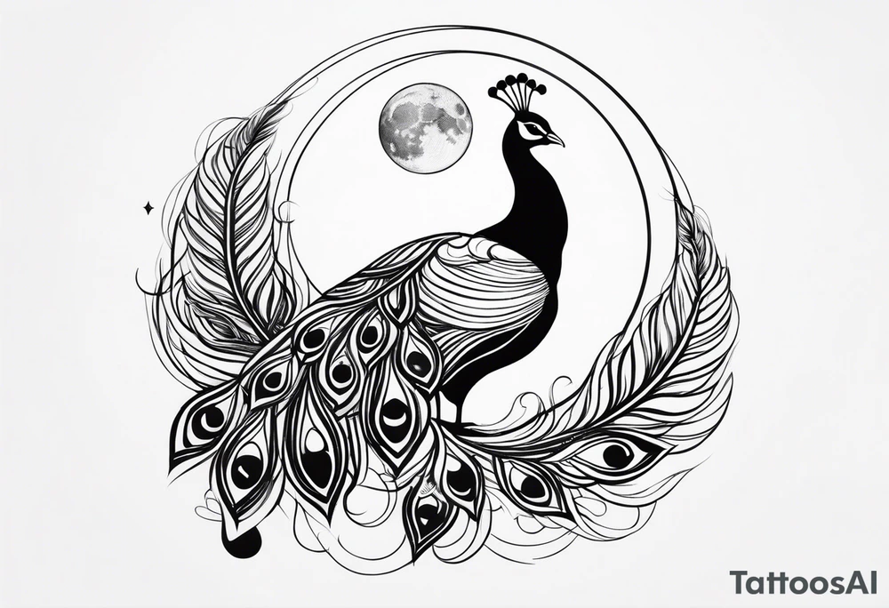 black and white peacock with infinity symbol in feather and moon above tattoo idea