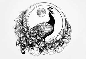 black and white peacock with infinity symbol in feather and moon above tattoo idea