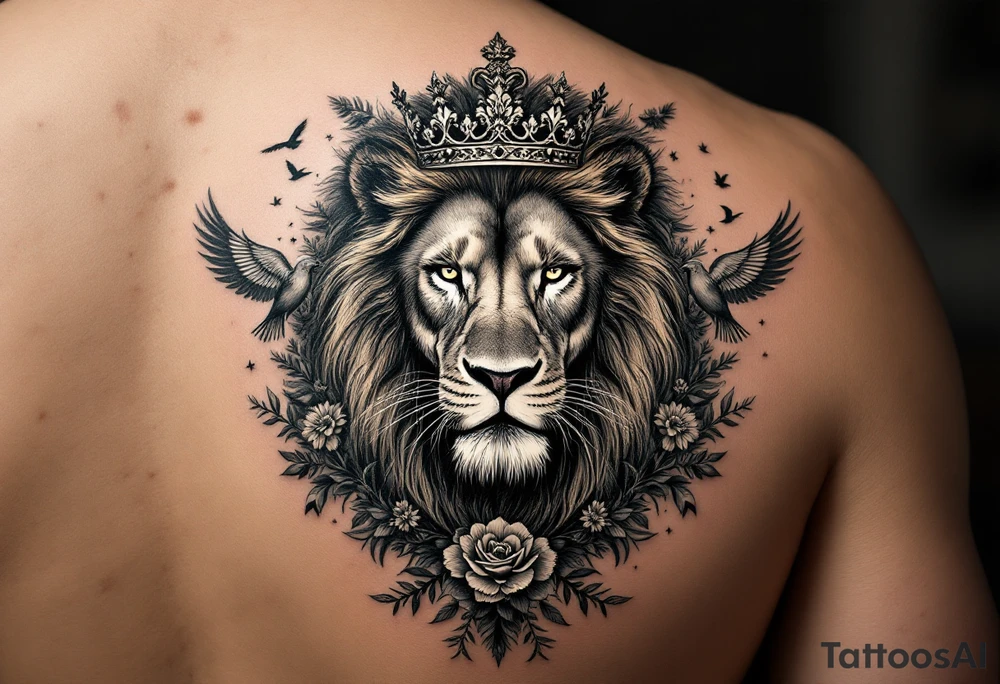 powerful majestic lion with a crown, surrounded by floral ornaments and birds tattoo idea