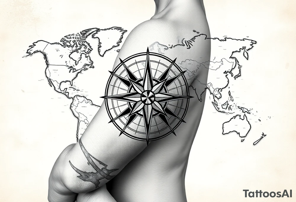 antique compass rose overlaid on weathered world map with sailing ships tattoo idea