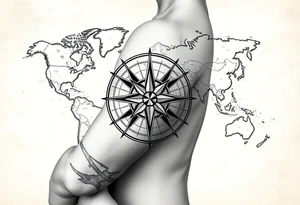 antique compass rose overlaid on weathered world map with sailing ships tattoo idea