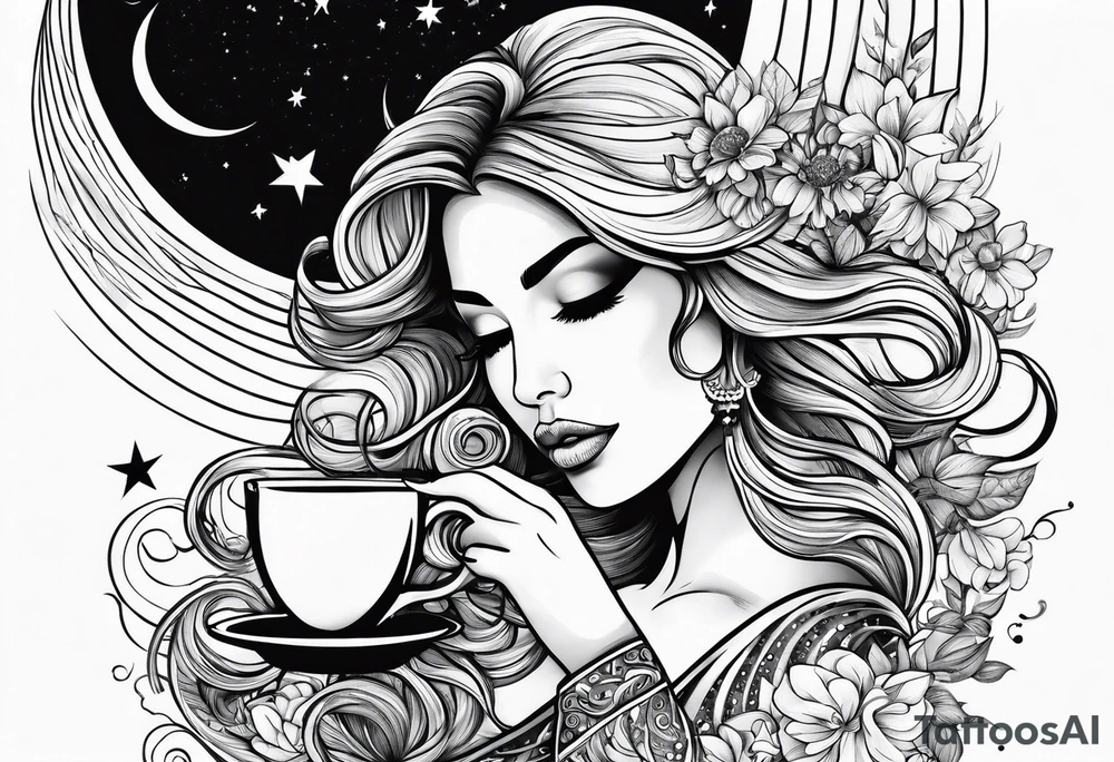 beautiful girl drinking coffee on the moon tattoo idea
