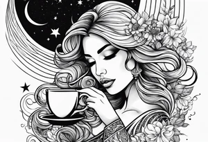 beautiful girl drinking coffee on the moon tattoo idea