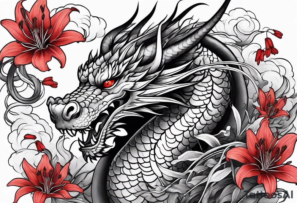 full Dragon with red Spider lilies surrounding it tattoo idea