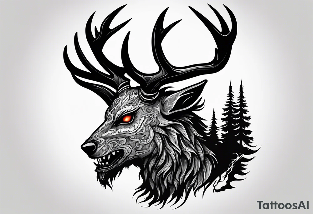 A scary terrifying horrifying zombie lore accurate wendigo side profile surrounded by a forest fire in background tattoo idea