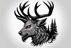 A scary terrifying horrifying zombie lore accurate wendigo side profile surrounded by a forest fire in background tattoo idea