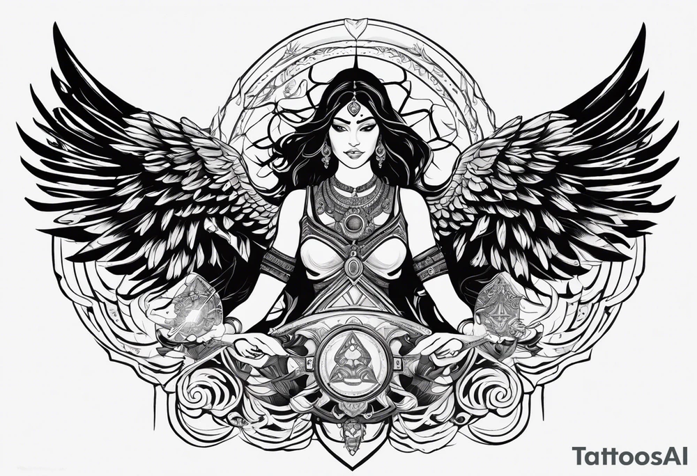 black kali, goddess pirate, alien, angel, pachamama, valkrye, warrior, flying, skull, lotus azul, wing, eagle, zenza resonance, stars, 5D, anahata chakra, death, durga, riding on a tiger, flying lady tattoo idea