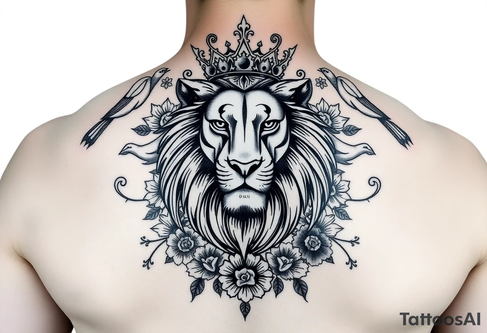 powerful majestic lion with a crown, surrounded by floral ornaments and birds tattoo idea