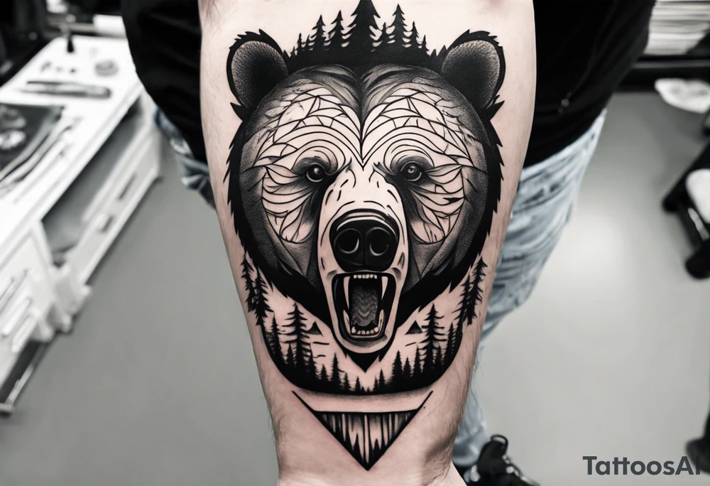 bear head right above the forest line with a lake below, full arm sleeve tattoo tattoo idea