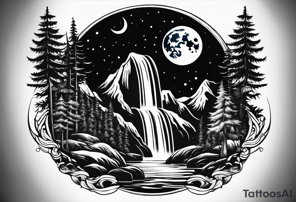 Waterfall with nature and the moon and the a wolf tattoo idea