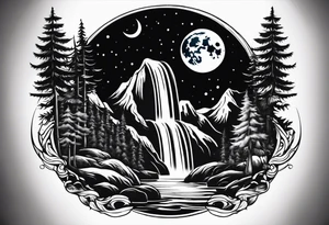 Waterfall with nature and the moon and the a wolf tattoo idea