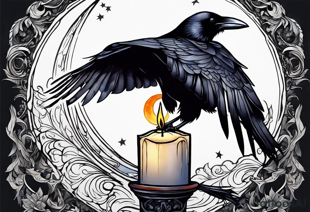 Crow with a candle mid flight with the crescent moon in the background tattoo idea