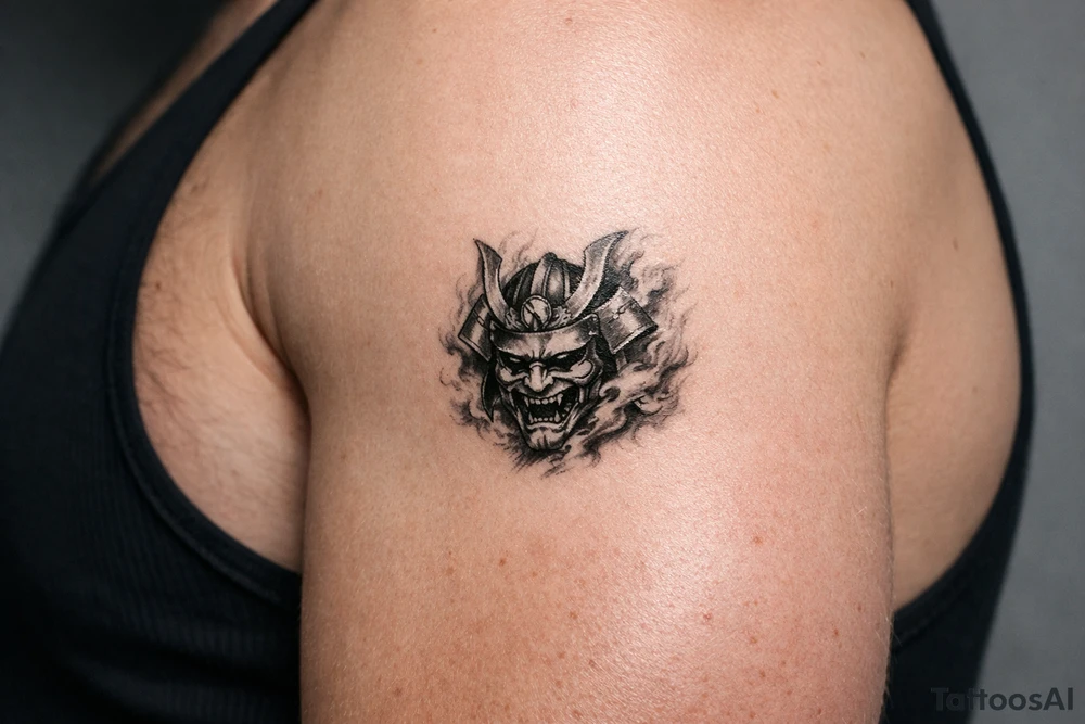 Samurai mask emerging from swirling smoke, black and grey, covering the shoulder. tattoo idea