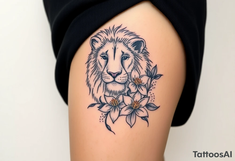 Lion with larkspur and water lilies tattoo idea