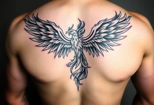 Realistic and symmetrical flaming Phoenix rebirth with spread low wings mapped onto chest tattoo idea