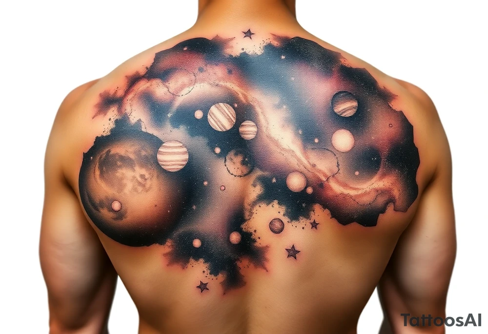 Beautiful and epic 3d milky way that appears to be what is beneath the skin. Make it drape over the shoulder and move to the middle back. use negative spaces to create planets and stars.Keep it symmetrical tattoo idea