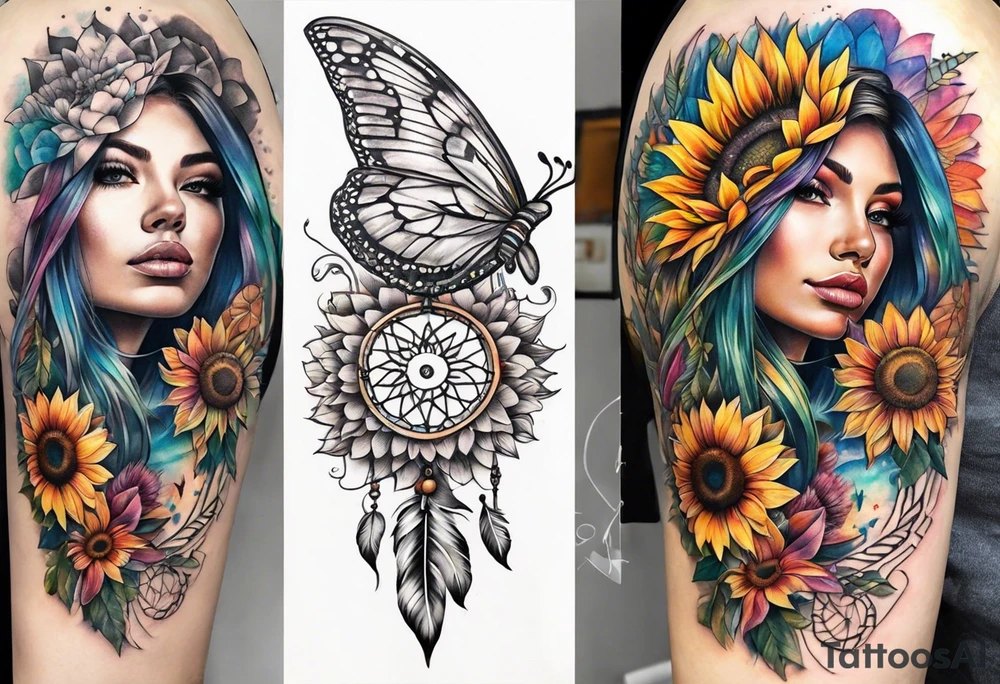 Quarter Leg sleeve with dreamcatcher, rainbow sunflowers and one butterfly tattoo idea