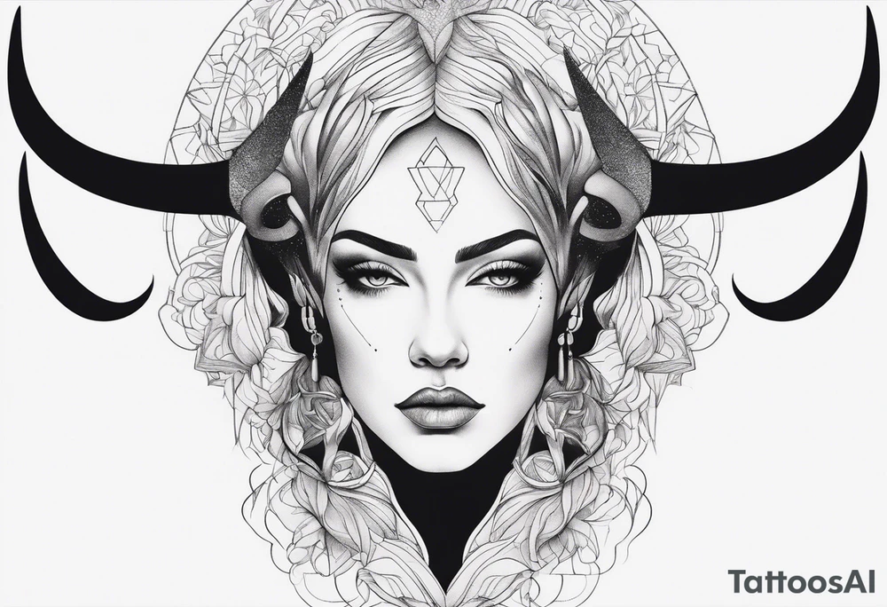 minimalist symmetrical woman head with curved horns facing downwards dark realism looking front facing view tattoo idea