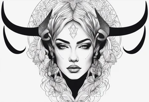 minimalist symmetrical woman head with curved horns facing downwards dark realism looking front facing view tattoo idea