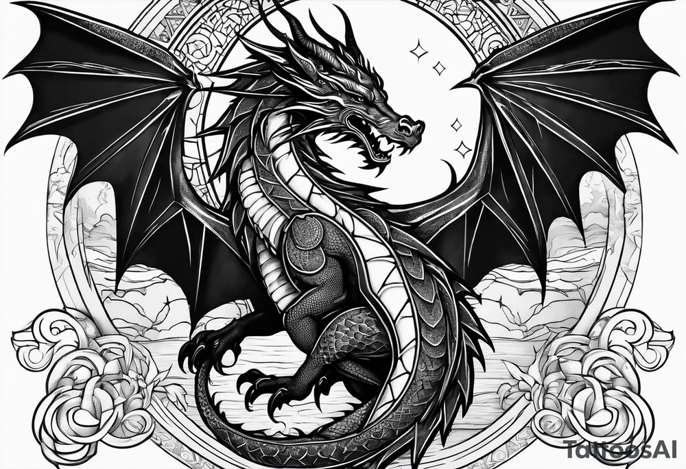 Dragon roman empire building straight lines sun moon tattoo idea