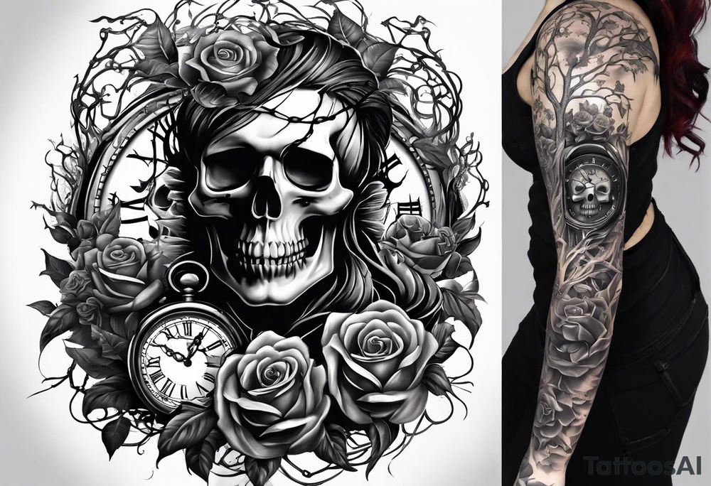 tattoo fool sleeve, tree roots break out of the chains, broken mask, clock with flying numbers, girl, skull, roses tattoo idea