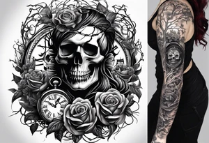 tattoo fool sleeve, tree roots break out of the chains, broken mask, clock with flying numbers, girl, skull, roses tattoo idea