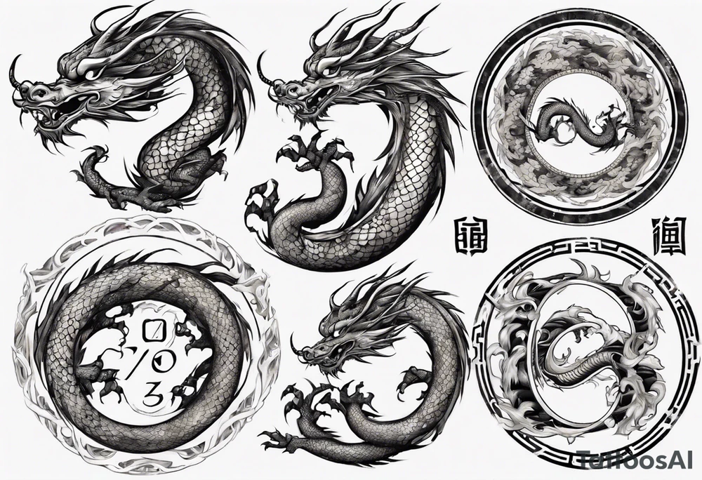 Chinese dragon in a circular shape with "02.03" written on its skin tattoo idea
