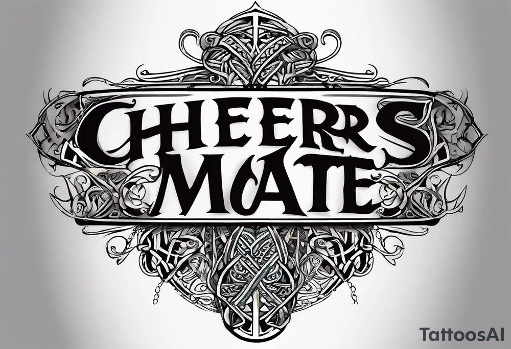 "Cheers Mate" text, armband +Celtic +grey Cancer Ribbon +tribal +artistic tattoo idea