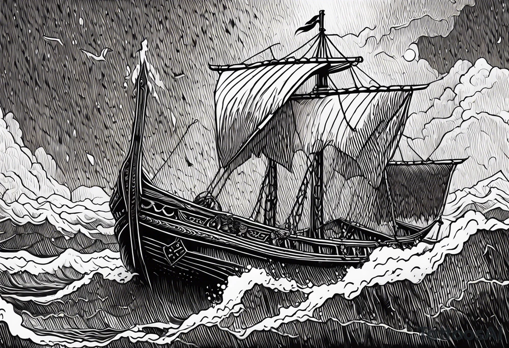 Norse mythology, ultra realism, Viking ships, war, battle, storm the beach, chaos, detailed tattoo idea