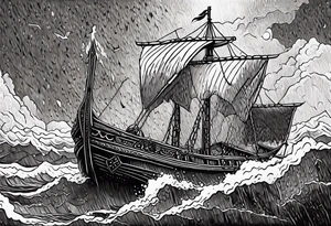 Norse mythology, ultra realism, Viking ships,  war, battle, storm the beach,  chaos,  detailed tattoo idea