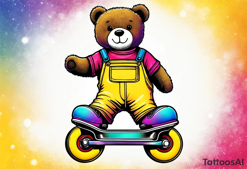 A rollerskating teddy bear in yellow overalls and rainbow skates tattoo idea