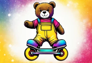 A rollerskating teddy bear in yellow overalls and rainbow skates tattoo idea